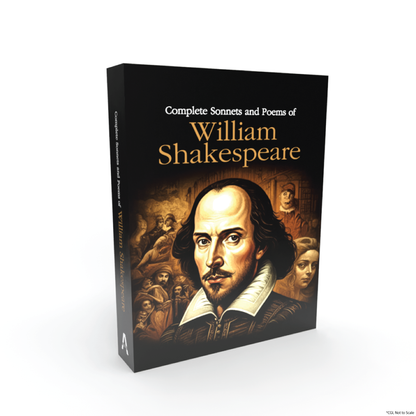 A book cover featuring a portrait of William Shakespeare with a background depicting scenes from his plays.